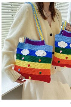 Rainbow Knitted Tote Bag cloud indie aesthetic boogzel clothing Aesthetic Store, Knitted Tote Bag, Girl Aesthetics, Rainbow Bag, Wool Bags, Knitting Tote Bag, Knitting Tote, Girls Tote, Indie Aesthetic