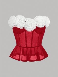 Women Contrast Color 3D Floral Decor Bandeau Top Red and White Elegant  Sleeveless Knitted Fabric Colorblock,Plain  Slight Stretch  Women Clothing, size features are:Bust: ,Length: ,Sleeve Length: Purple Aesthetic Background, Summer Cherries, Punk Vintage, Dress Design Sketches, Aesthetic Background, Estilo Hip Hop, Elegant Dresses Long, Women Midi, Petite Women