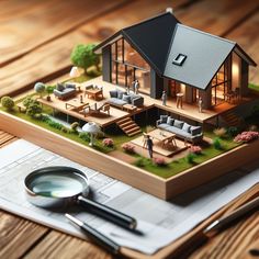 a model house with a magnifying glass sitting on top of a piece of paper