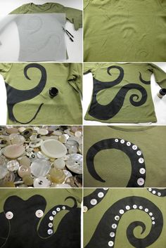 the process to make an octopus t - shirt with buttons and sequins on it