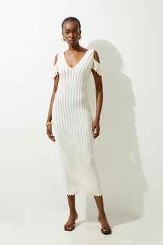 Rib Detail Ruffle Sleeve Knit Midi Dress Casual A-line Midi Dress With Ribbed Detail, Elegant Ribbed V-neck Midi Dress, Rib Knit Dress Pregnant, Midi Dress Pattern, White Ribbed Midi-length Sweater Dress, Luxury Ribbed V-neck Midi Dress, Bride Jumpsuit, Petite Wedding Guest Dresses, Outfits Petite