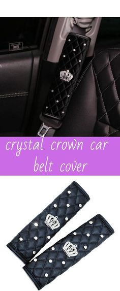 two black car seat covers with skulls on them and the words crystal crown car belt cover