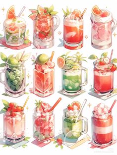 a bunch of glasses filled with different types of drinks and garnished with fruit