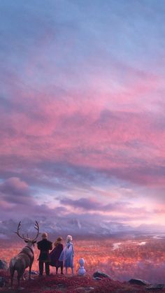 the frozen queen and her two children look out at the sunset with their reindeers