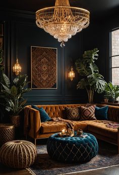 a living room filled with furniture and a chandelier hanging above the couches