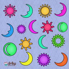 the sun, moon and stars are drawn in different colors