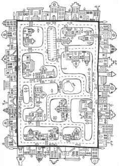 a black and white drawing of a city map with buildings, roads, and streets