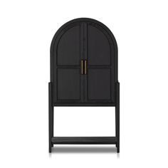 a black wooden cabinet with two doors on one side and an arched door on the other