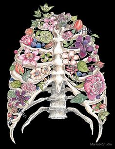 a drawing of a human body with flowers on it's side and the top part of its torso