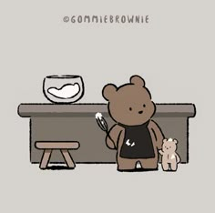 a brown teddy bear standing in front of a counter next to a wooden bench with a bowl on it