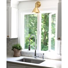 a kitchen sink sitting under a window next to a faucet and potted plant