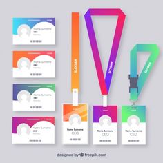 a set of colorful id cards with lanyards