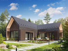 this is an artist's rendering of a modern house in the woods with stone walkways