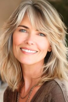 Shaggy Shoulder-Length Layers With Wispy Bangs Haircut on smiling woman with blonde hair. Wispy Shoulder Length Hair, Hairstyles For Medium Length Hair Bangs, Hair Styles With Bangs Over 50 Medium, Wispy Bangs Haircut, Layers With Wispy Bangs, Bangs Layers, Gray Highlights, Bang Hair, Bangs Haircut