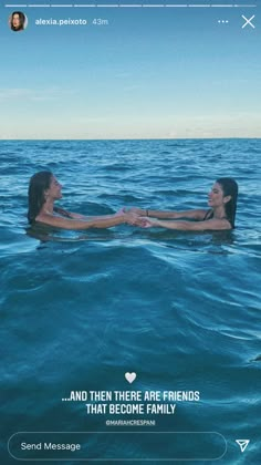 two women in the water holding each other's hands with an instagram message above them