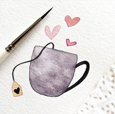 a watercolor drawing of a coffee cup with hearts coming out of it and a paintbrush next to it