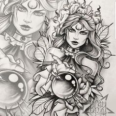 a drawing of two women with flowers on their head and one holding a vase in her hand