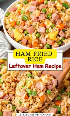 ham fried rice in a white bowl with a wooden spoon