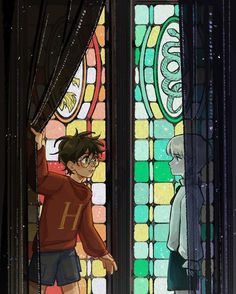 an anime character standing next to a stained glass window with another character in the background