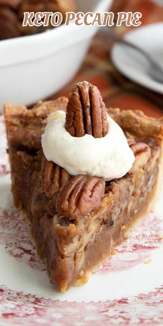 a piece of pecan pie with whipped cream on top