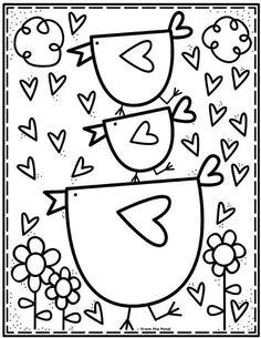 a black and white drawing of two birds with hearts on their heads, surrounded by flowers