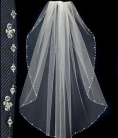 the wedding veil is shown with crystal beads