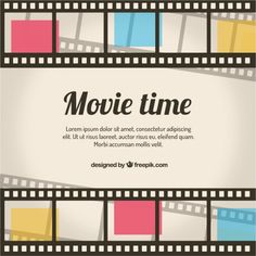 a movie strip with colored squares on it and the words movie time written in black