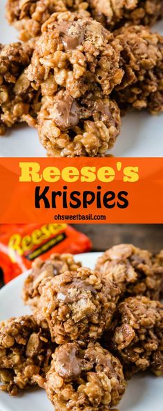 cookies are stacked on top of each other with the words reese's krispies above them