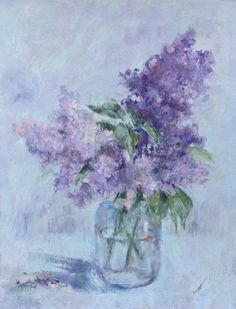 a painting of purple flowers in a glass vase