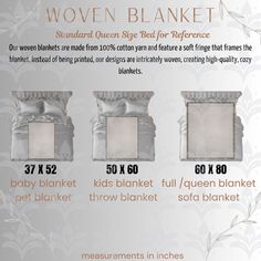 three sizes of bed linens for different types of bedspreads and pillows with measurements