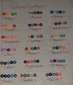 a sheet of paper with writing on it and some different colored buttons in the middle