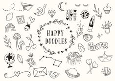 doodles are drawn in black and white with the words happy doodles