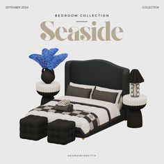 the bedroom collection seaside is made up of black and white bedding, pillows, and lamps