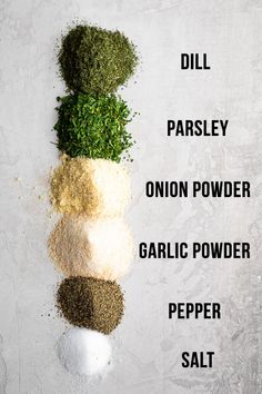 different types of spices and seasonings on a white background with text that says, dill parsley onion powder garlic powder pepper salt