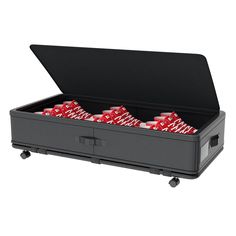 an open black box filled with red and white cups