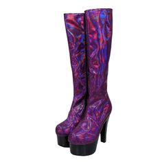 Vintage 90s 'Vita Mori' purple holographic knee-length boots with chunky black wooden platforms. Fastens with a zip on the inside of the leg. Very good vintage condition - The soles look brand new so these have probably never been worn but there are some parts of the holographic material where some dots are missing. Priced accordingly. Size: Labelled as a size EU 35 so would fit a UK 2 US 4.5 but please bear in mind vintage sizing can sometimes be slightly off so the best is to compare the insole measurement below to a pair of boots you already own.  Measurements: - Heels 5.75" - Platforms 2.5" - Insole 8.75" FAQs: 💌 I usually send orders every Monday but might be delayed if there are any bank holidays or a higher amount of orders that week.  💌 All orders are sent in recyclable paper bag Holographic Material, 90s Shoes, Purple Holographic, Knee Length Boots, Clogs And Mules, Clogs Shoes, Platform Boots, Vintage 90s, Knee Length