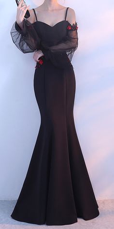 Satin Prom Dress Tight Long, Black Evening Party Dress, Fancy Black Dresses Long, Elegant Long Dresses Black, Black Dress Formal With Sleeves, Formal Dress V Neck, Long Sleeve Off Shoulder Dress Formal, Stunning Dresses Evening, Evening Clothes