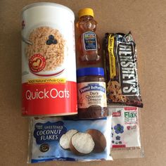 an assortment of snacks including oatmeal, peanut butter, and other items