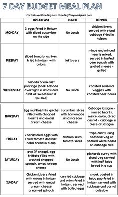 the 7 day meal plan is shown in black and white, with text on it