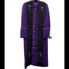 Www.Urbanfashionsinc.Com Clergy Robe For Pastor , Bishop , Minister, Church Wear Purple Robe With Gold Trim Piping And Gold Buttons. Cuffed Sleeves Stole Included Gold Buttons, Cuff Sleeves, Sport Coat, Purple Gold, Gold Trim, African Fashion, Mens Suits, Blazer Suit, Piping