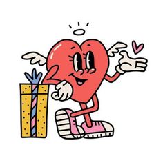 a cartoon heart holding a gift box