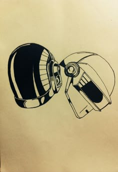 a drawing of two helmets facing each other