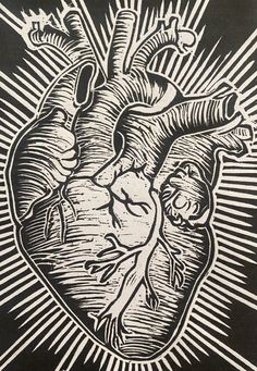 a black and white drawing of a human heart with rays coming out of the middle