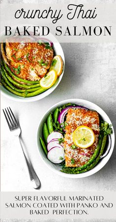 two bowls filled with salmon and asparagus on top of a white tablecloth