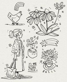 a black and white drawing of a woman standing next to flowers, plants and a bird