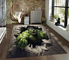 the incredible hulk rug has been created to look like it is breaking through a wall