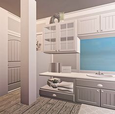 a rendering of a bathroom with white cabinets and wood flooring, including a bathtub