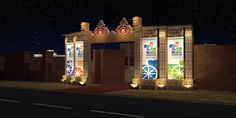 an image of a night time scene with lights on the entrance to a shopping center