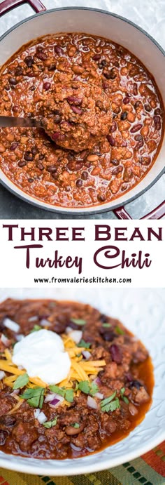 three bean turkey chili in a white bowl