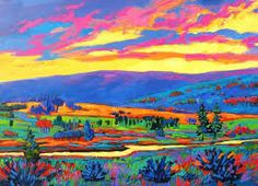 an oil painting of a colorful landscape with trees and mountains in the background at sunset